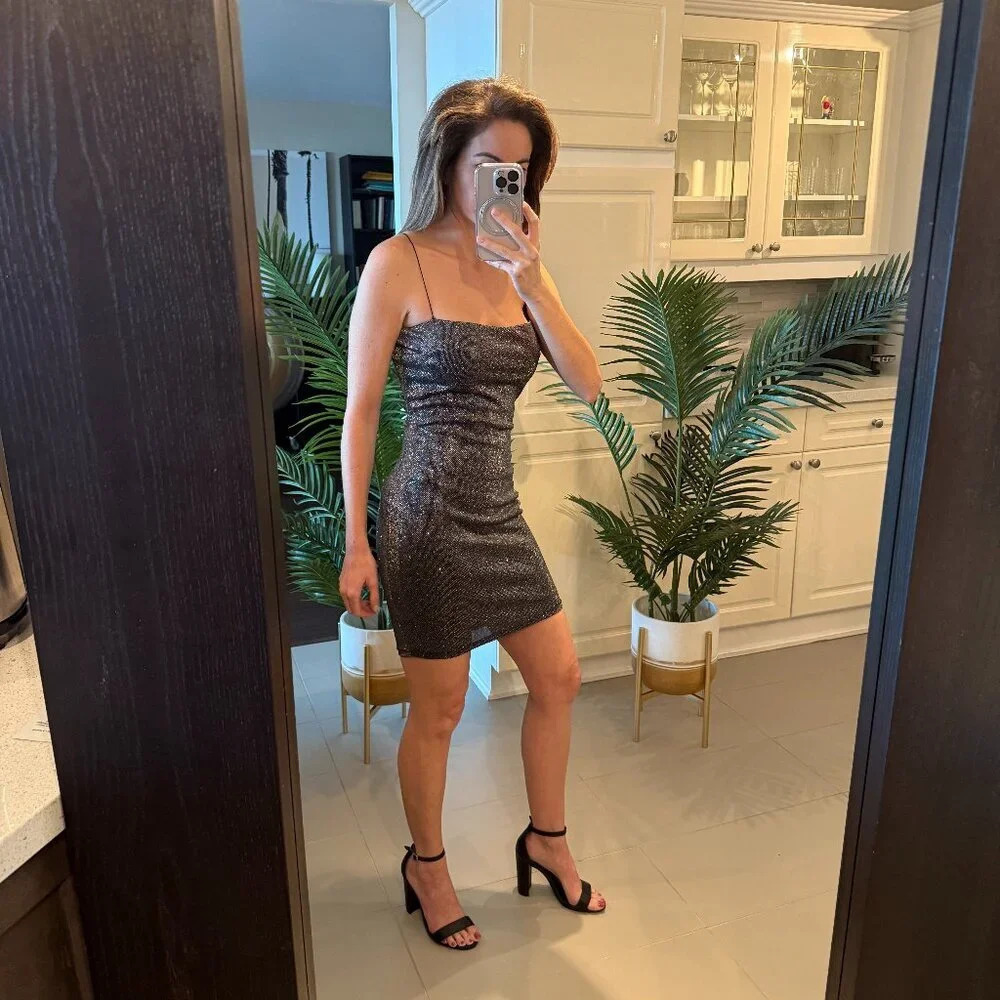 NEW Black and Silver Sparkly Studded Holiday Dress, Blanc, US S - Picture 2 of 5